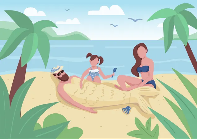 Daughter Burying Dad In Sand Flat Color Vector Illustration Mother Father And Child Entertainment On Beach Summer Fun Activity 2 D Cartoon Characters With Seascape On Background Illustration