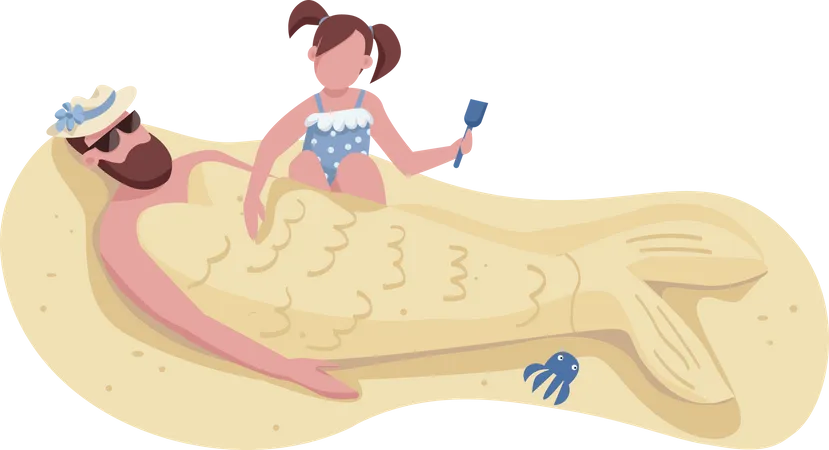 Daughter burying dad in sand  Illustration