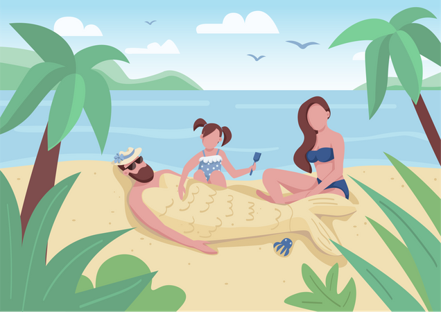 Daughter burying dad in sand  Illustration