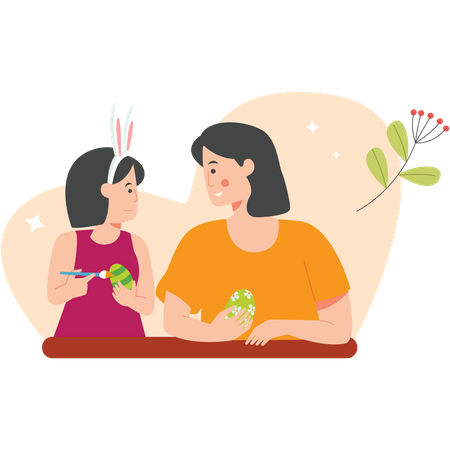 Daughter Coloring Easter egg With Mom  イラスト