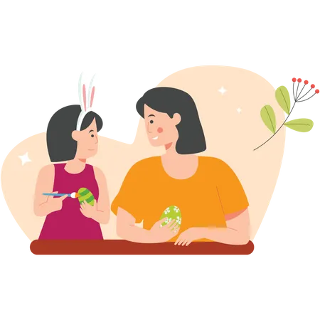 Daughter Coloring Easter egg With Mom  Illustration