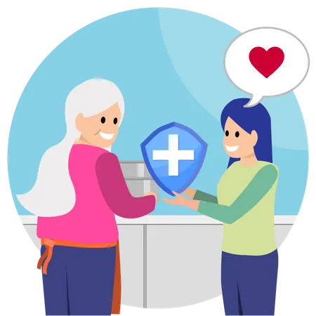 Daughter Gives Life Insurance To Mother Who Is Cleaning The Kitchen Blue Background イラスト