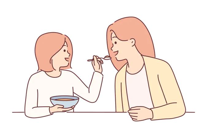 Daughter giving food to mother  Illustration