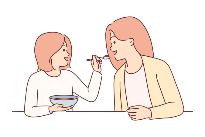 Daughter giving food to mother  Illustration