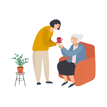 Daughter giving tea to her grandmother Illustration