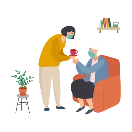 Daughter giving tea to her grandmother Illustration