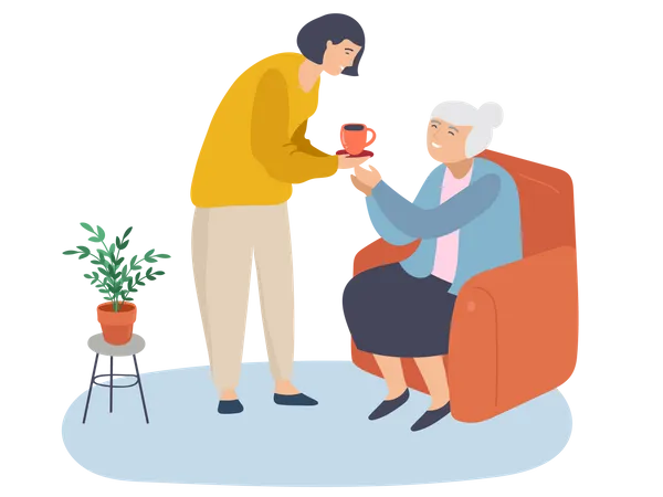 Daughter giving tea to her grandmother  Illustration