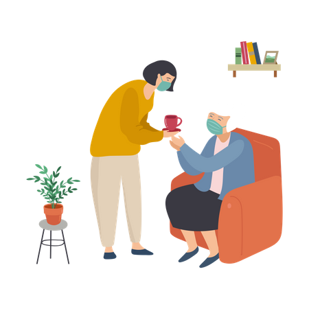 Daughter giving tea to her grandmother  Illustration