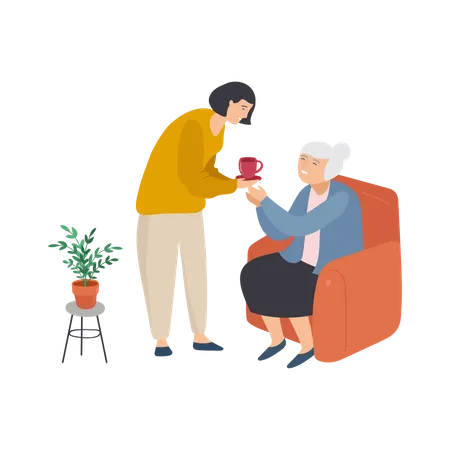 Daughter giving tea to her grandmother  Illustration