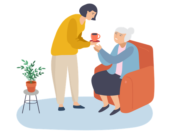 Daughter giving tea to her grandmother  Illustration