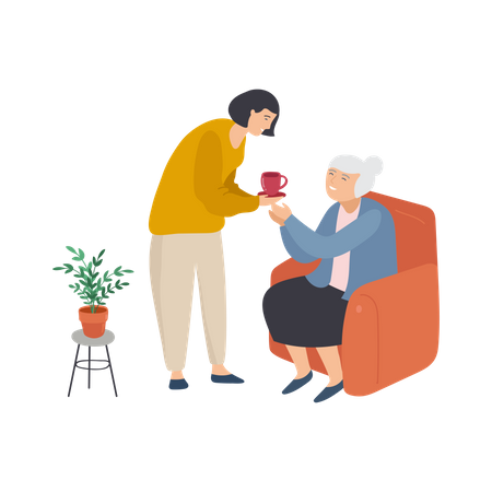 Daughter giving tea to her grandmother  イラスト