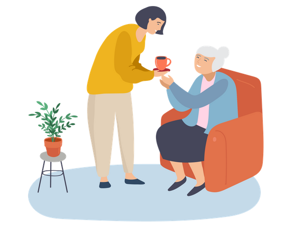 Daughter giving tea to her grandmother  イラスト