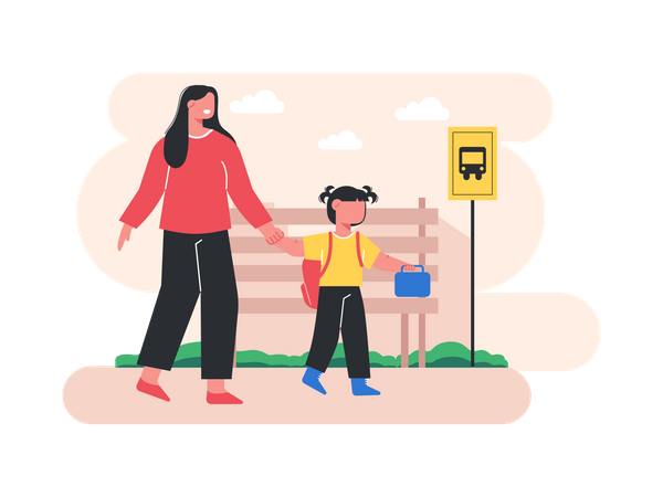 Daughter going school with mother  Illustration