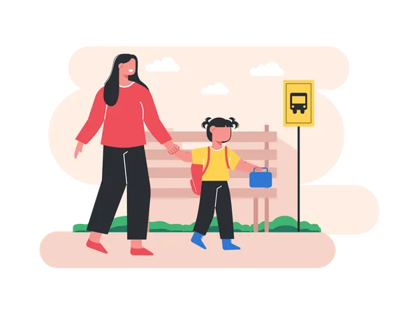 Daughter going school with mother  Illustration