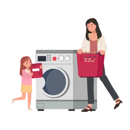 Daughter help his mother washing clothes Illustration
