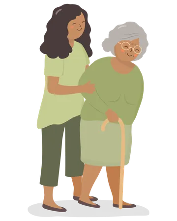 Daughter helping elderly woman  Illustration