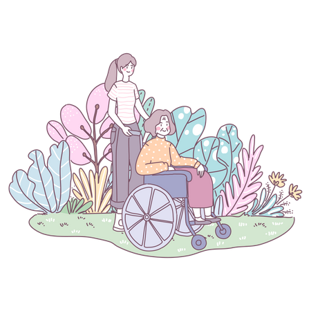 Daughter helping her mother with pushing wheelchair Illustration