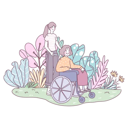 Daughter helping her mother with pushing wheelchair Illustration
