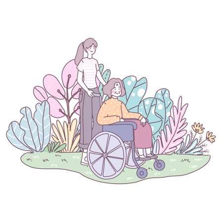 Daughter helping her mother with pushing wheelchair  Illustration