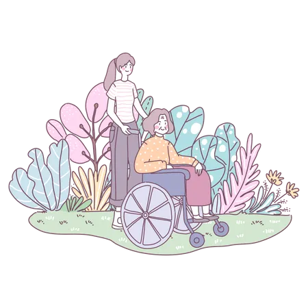 Daughter helping her mother with pushing wheelchair  Illustration