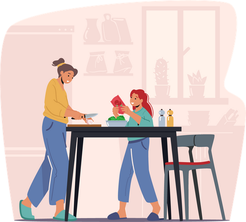 Daughter helping mother in cooking  Illustration