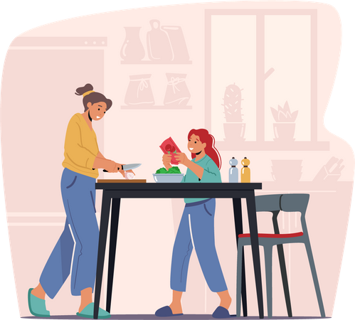 Daughter helping mother in cooking  イラスト