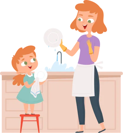 Daughter helping mother to dish washing Illustration