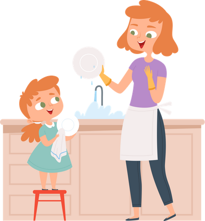 Daughter helping mother to dish washing  Illustration