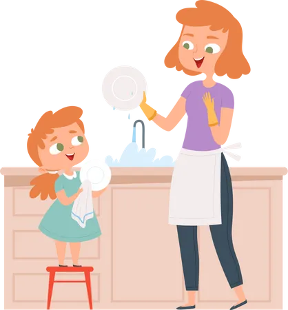 Daughter helping mother to dish washing  Illustration