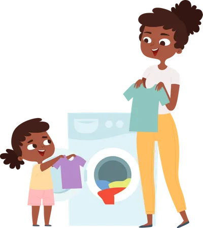 Daughter helping mother to washing  Illustration