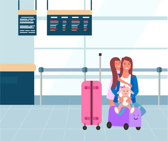 Daughter hug her mom at airport  Illustration