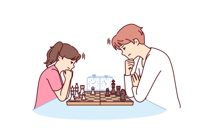 Daughter is playing chess with his father  Illustration