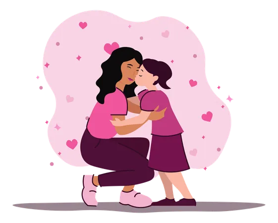 Daughter kissing mother  Illustration