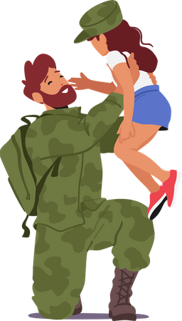 Daughter Meet Her Soldier Father, Who Has Returned Home. Long-awaited Reunion Family Emotions, Sacrifice, And Patriotism  Illustration