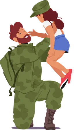 Daughter Meet Her Soldier Father Who Has Returned Home Long Awaited Reunion Family Emotions Sacrifice And Patriotism Concept With Man In Uniform Hugging Child Cartoon People Vector Illustration Illustration