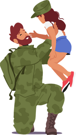 Daughter Meet Her Soldier Father, Who Has Returned Home. Long-awaited Reunion Family Emotions, Sacrifice, And Patriotism  Illustration