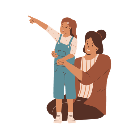 Daughter pointing something while mother looking it  Illustration