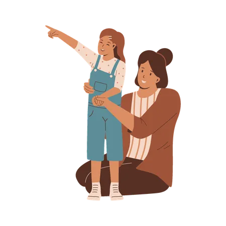 Daughter pointing something while mother looking it  Illustration