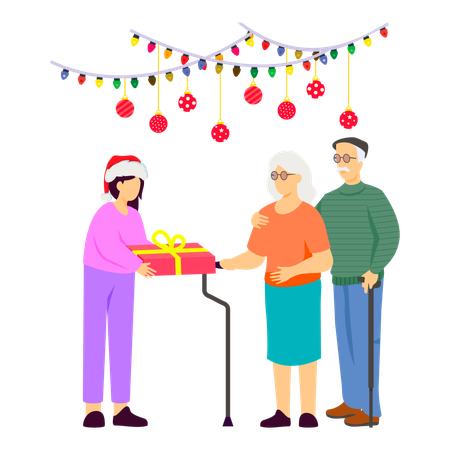 Daughter presenting Christmas gift to her elderly parents  Illustration