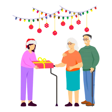 Daughter presenting Christmas gift to her elderly parents  Illustration