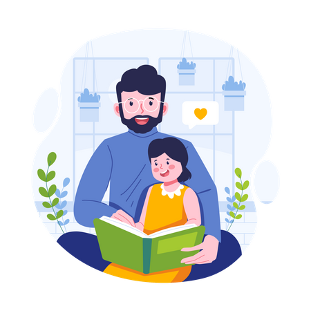 Daughter reading book with father  Illustration