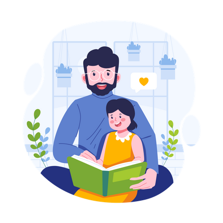 Daughter reading book with father  Illustration