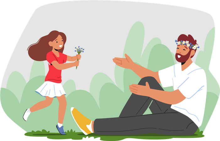 Daughter running and giving flower to dad  Illustration