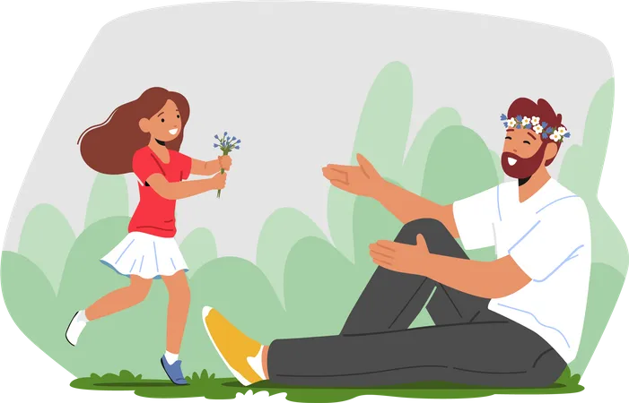 Daughter running and giving flower to dad  Illustration