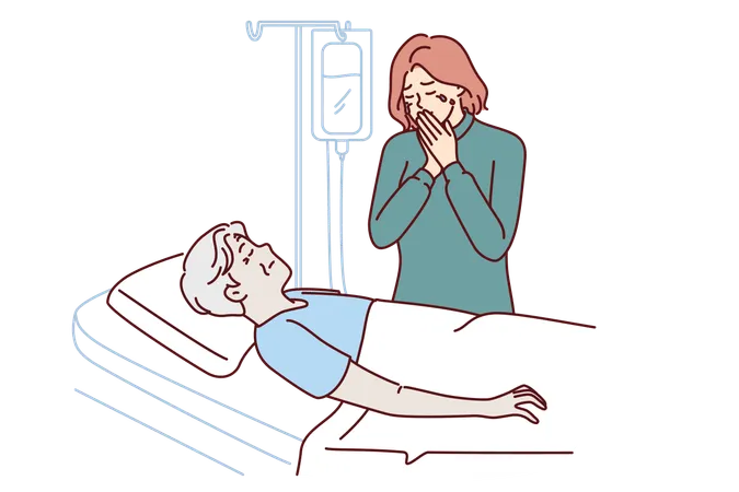 Crying Woman Stands Near Hospital Bed With Terminally Sick Father In Need Of Expensive Operation Frustrated Daughter Is Stressed By Lack Of Health Insurance Of Sick Dad Suffering From Blood Cancer Illustration