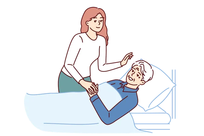 Daughter Visits Old Bedridden Father And Takes Care Of Gray Haired Man In Hospital After Operation Caring Girl Supports Elderly Hospital Patient Sick And Myocardial Infarction Survivor Illustration