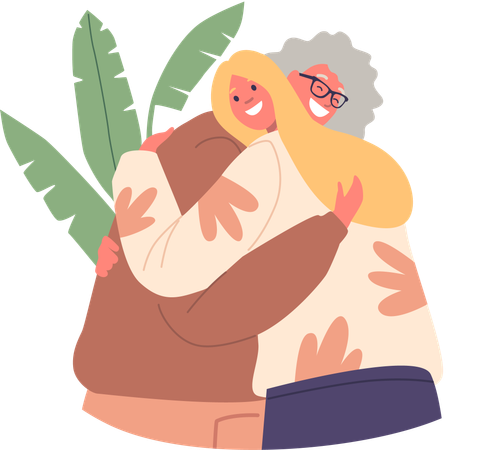 Daughter Tenderly Hugs Her Mother  Illustration