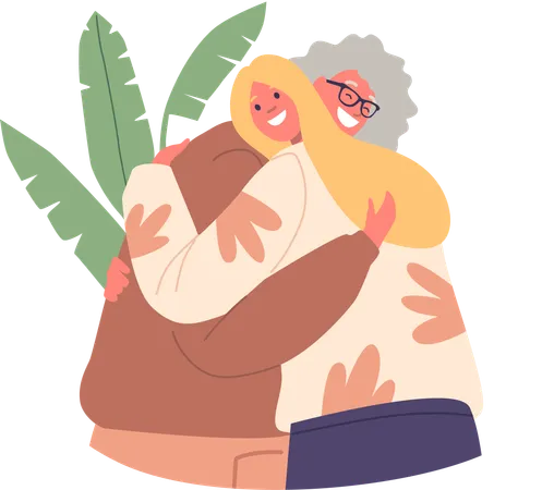 Daughter Tenderly Hugs Her Mother Happy Characters Connection Radiating Love And Warmth As They Share A Precious Moment Of Familial Closeness And Understanding Cartoon People Vector Illustration イラスト