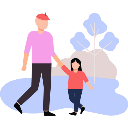 Daughter walking with father in park  Illustration
