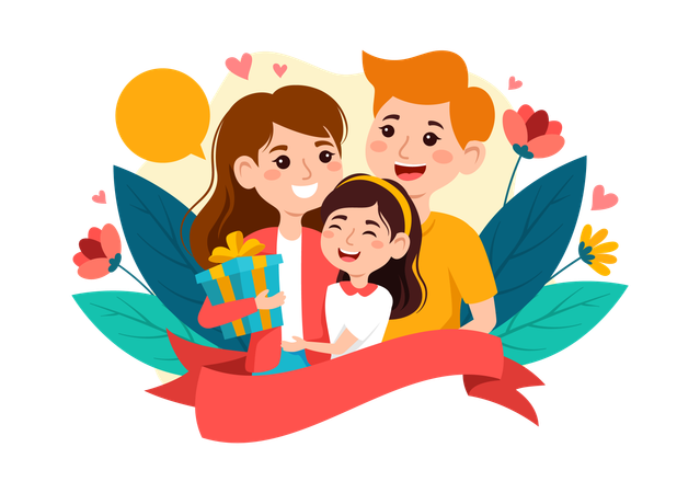 Daughter with her happy parents  Illustration